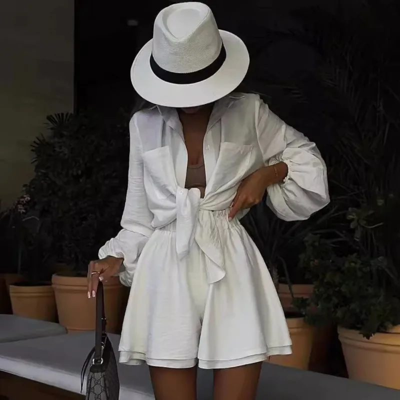 Women Casual Cozy Lapel Loose Shirt Short Sets Single Breasted Blouses Elastic Waist Baggy Fashion Shorts Suits 2 Piece Sets