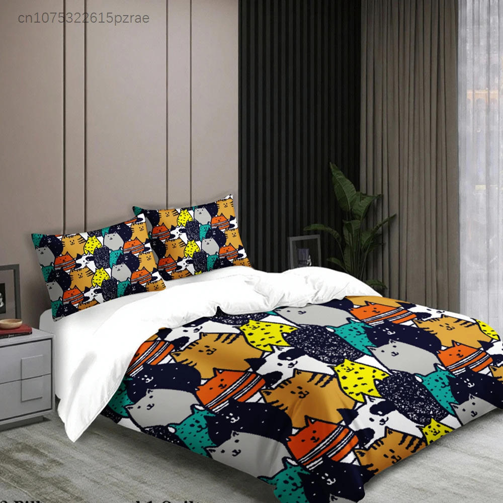 3pcs Cat Pattern Bedding Sets 3D Printed Colorful Cats Duvet Cover Sets With Pillowcases No Filling