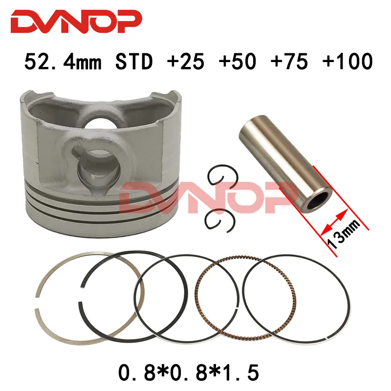 Motorcycle 52.4mm STD +25 +50 +75 +100 Piston 13 mm Pin Ring 0.8*0.8*1.5mm Set For Honda CBF125 SDH125-51 WH125-7 WH125-8