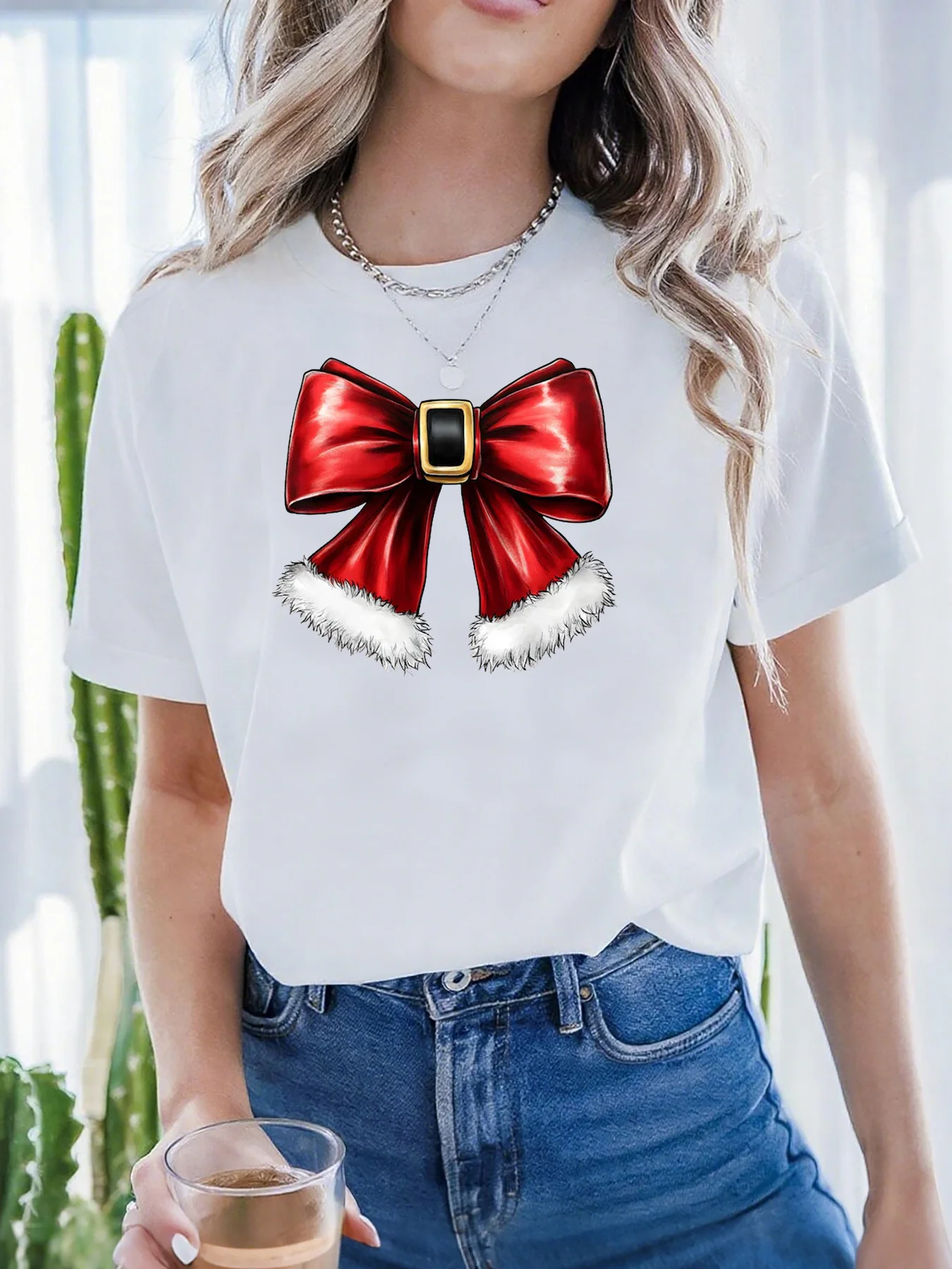 

Футболка с рождественским бантом, красно-белый праздничный наряд, одежда для канун Рождества, праздничное летнее платье, эстетичная одежда для рождественских торжеств