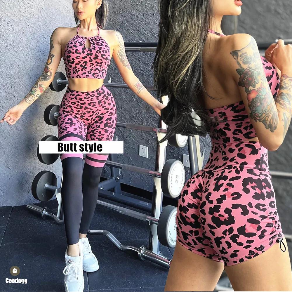 2Pcs Leopard Women Sport Bra Yoga Set Workout Push Up Pant Gym Shorts Fitness Scrunch Leggings Tracksuits Active Wear XP278