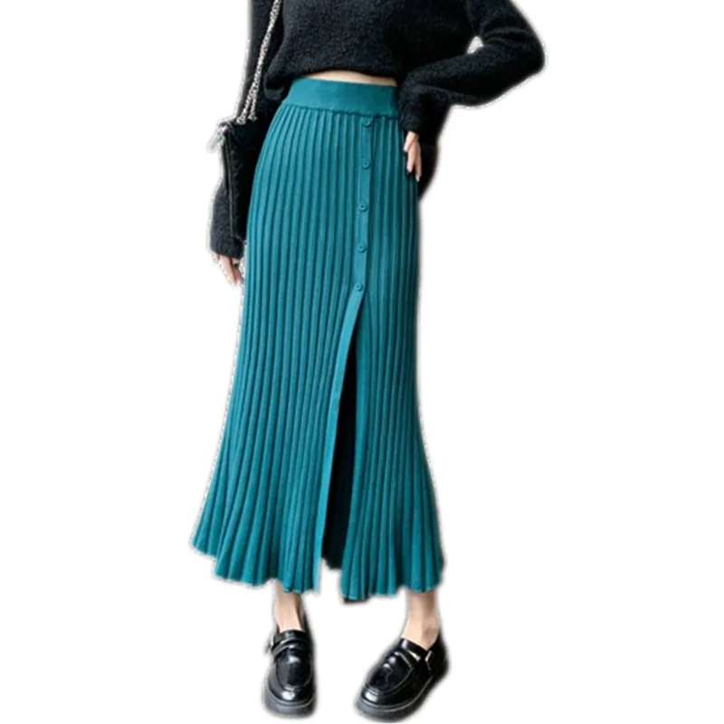 2024 New Autumn Winter Women High Waist Slim Long Skirt Sexy Single Breasted Split Hem Pit Strip Solid Color Knitted Skirt