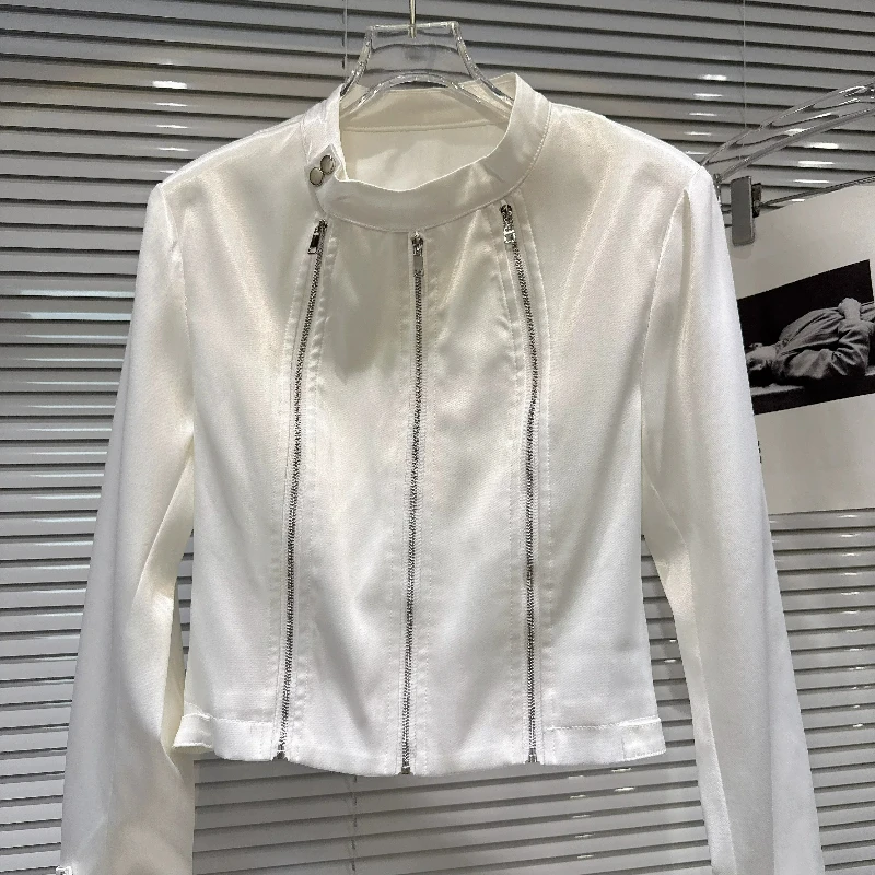 White Satin Cropped Jacket Women Stand Collar Multi Zipper Decor Long Sleeve Slim Short Locomotive Coat Elegant Luxury Outerwear