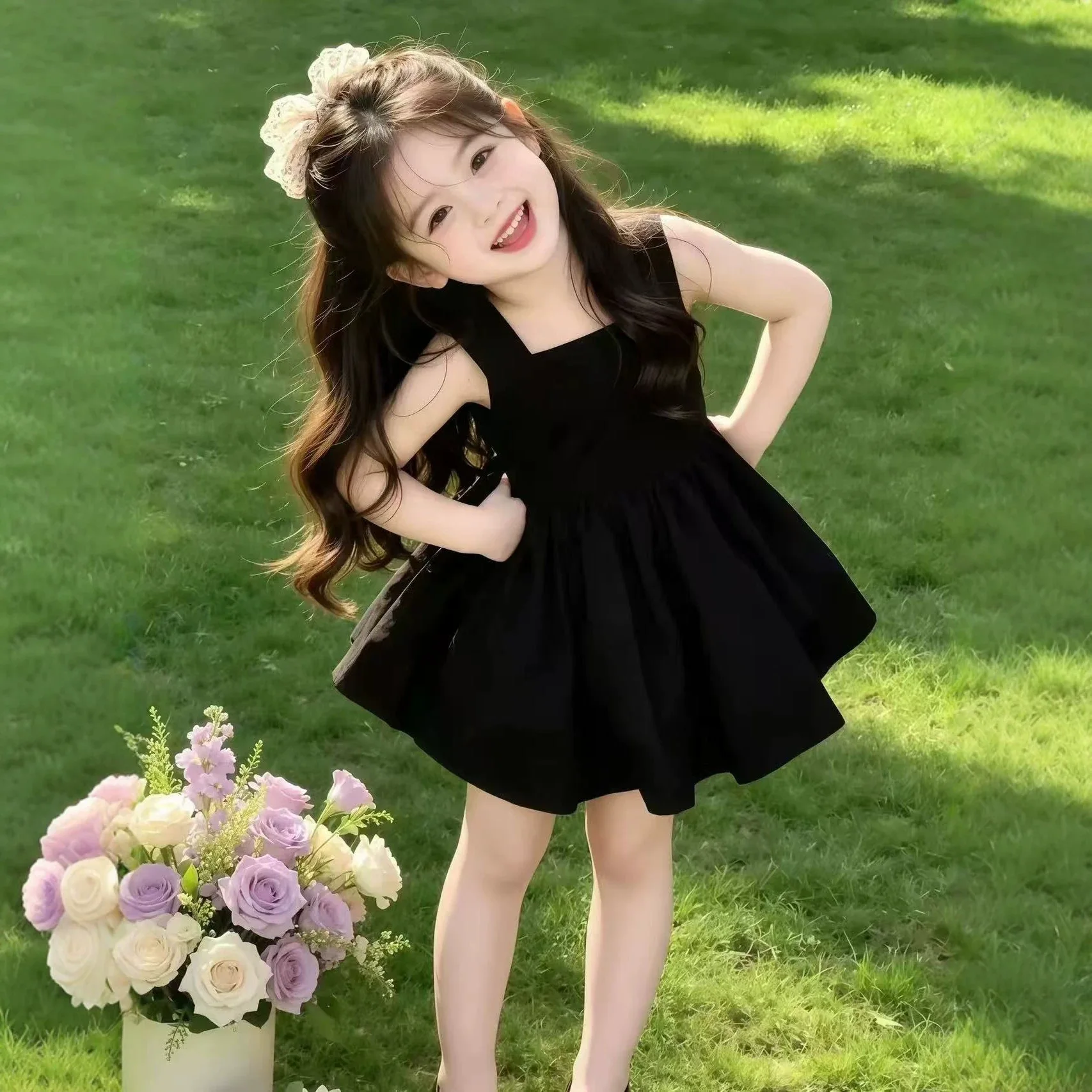 Girls Dress for Summer 2026 Fashionable Camisole Dress for Baby Girls Children's Black Princess Dress Summer Outfit