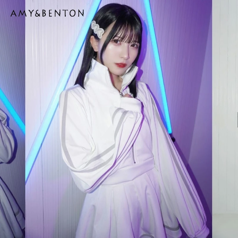 اليابانية Harajuku الحلو فتاة باردة الوقوف طوق سترة قصيرة وتنورة مطوي قطعتين مجموعة المرأة القوطية ثقافة فرعية الموضة