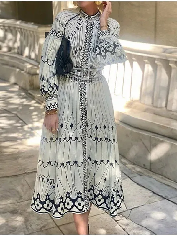 

2025 European And American Women's New Style Court Style Elegant Long Sleeve Printed Large Swing Spring Dress Women