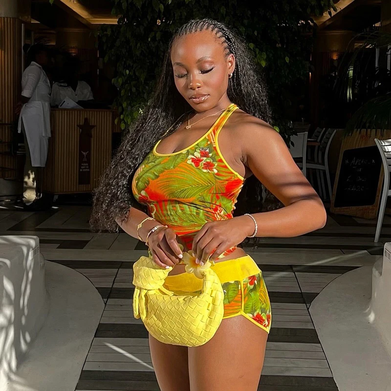 CUTENOVA 2025 Summer New Sexy Hanging Neck Color Collision Printed Top + Drawstring Super Short Pants Set Hottie Girl Sets