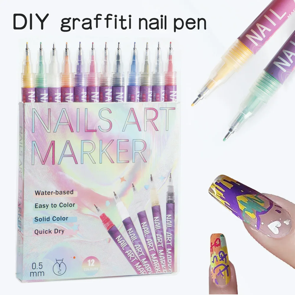12 Colors Acrylic Marker Pen Nail Art Graffiti Pen DIY Manicure Highlight Outline Waterproof Quick Dry Paint Pens Set