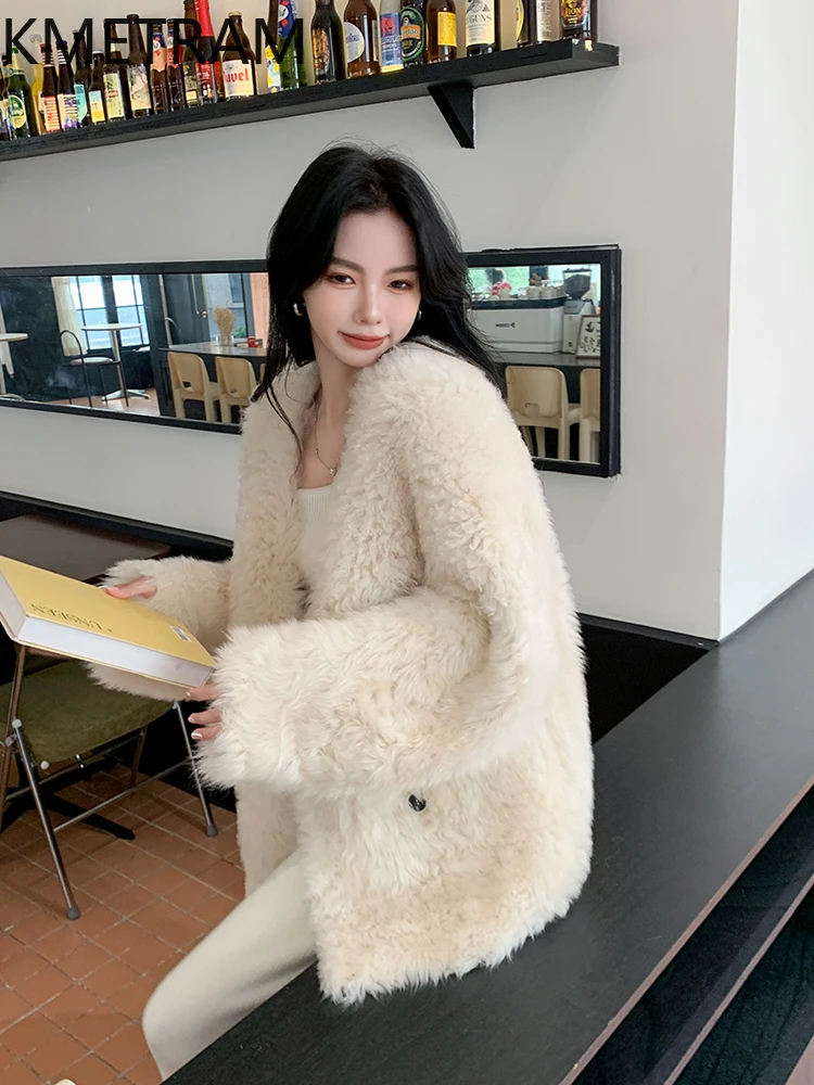 100% Natuurlijke Toscaanse Wol Schapenvacht Dubbelzijdig Bont Jas Vrouw V-hals Korte Echte Bontjas Vrouwen Winter Kleding Fourrure 2025