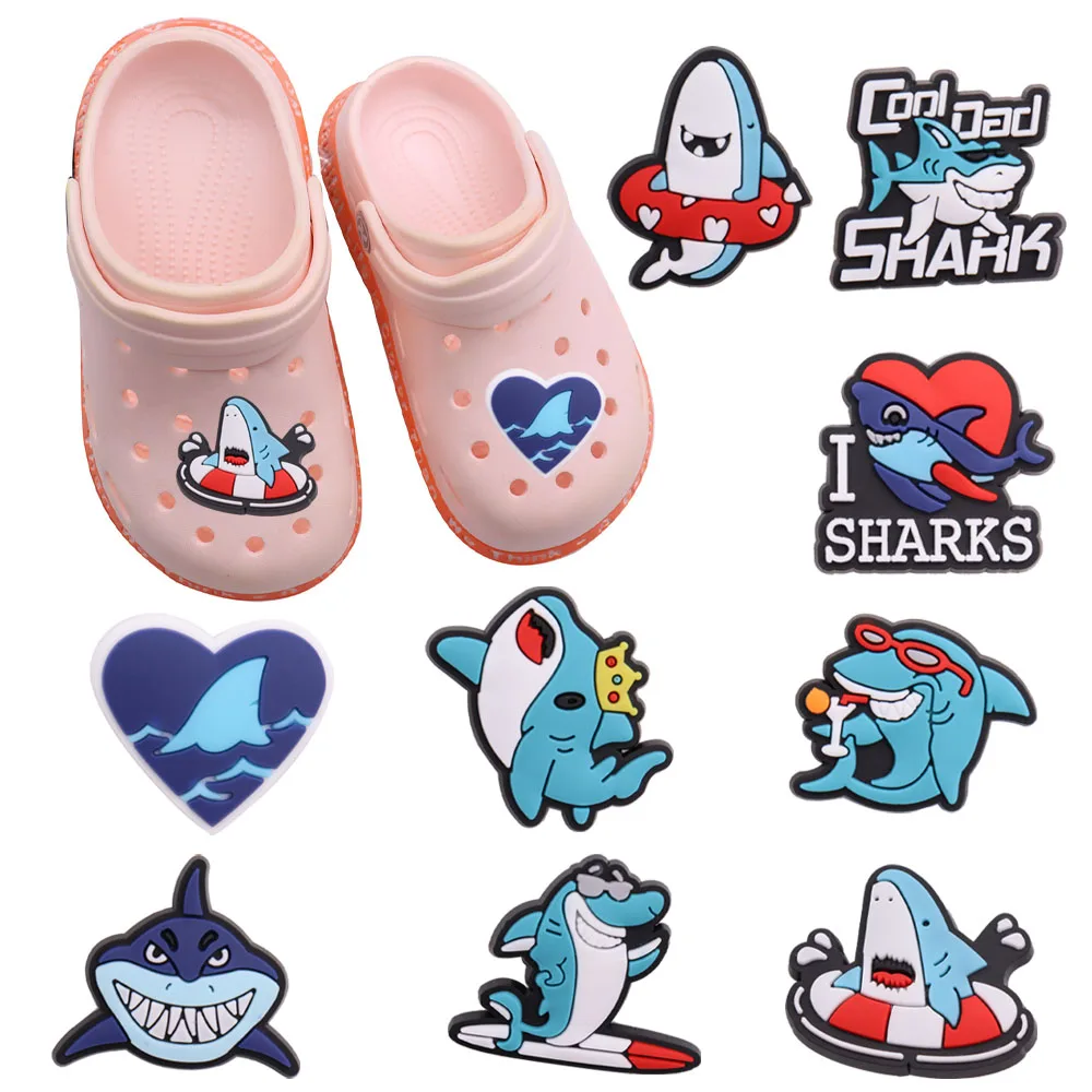 Mix 50pcs PVC Cartoon I Love Sharks Heart Crown Skateboard Shoe Charms PVC Slipper Accessories Decoration Bracelets Party Gift