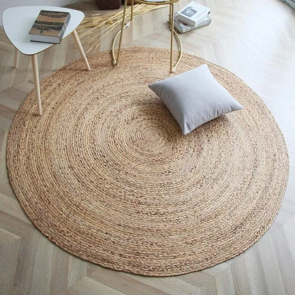 Handwoven Jute Area Rug, 8 Feet Round - Natural Yarn - Rustic Vintage Beige Braided Reversible Rug, Eco Friendly Rugs