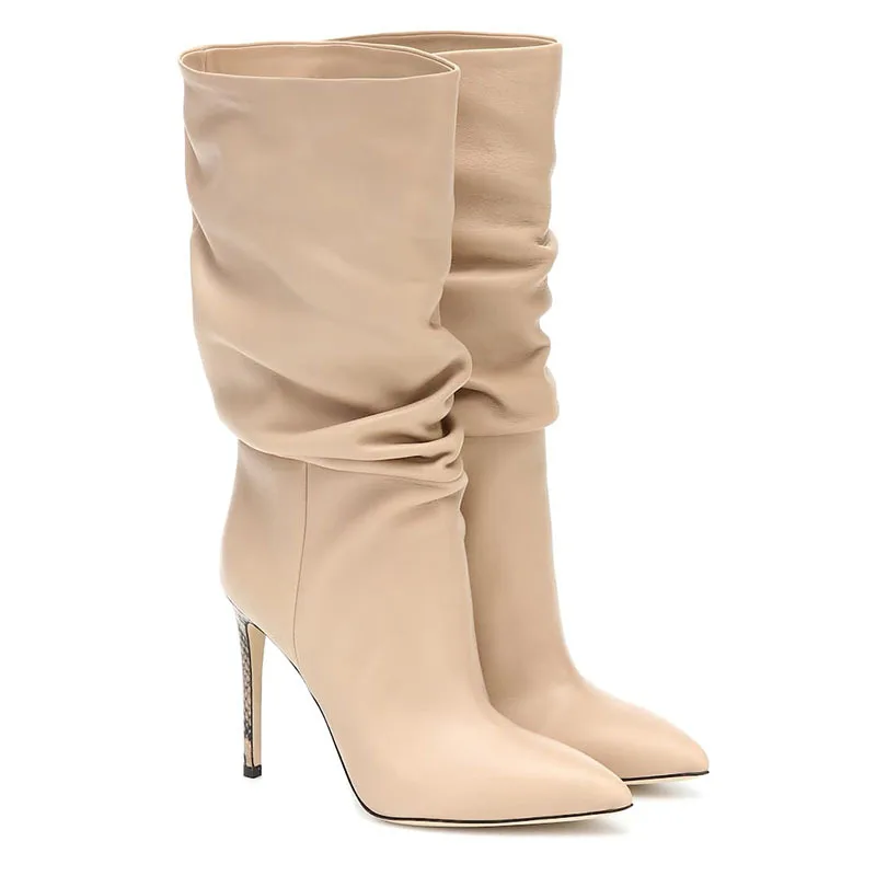 

Women's Pointed Toe Slender High Heel Mid-calf Boots Stileeto Heels Sleeve Pleated Boots Retro Celebrity Pointed Show Boots