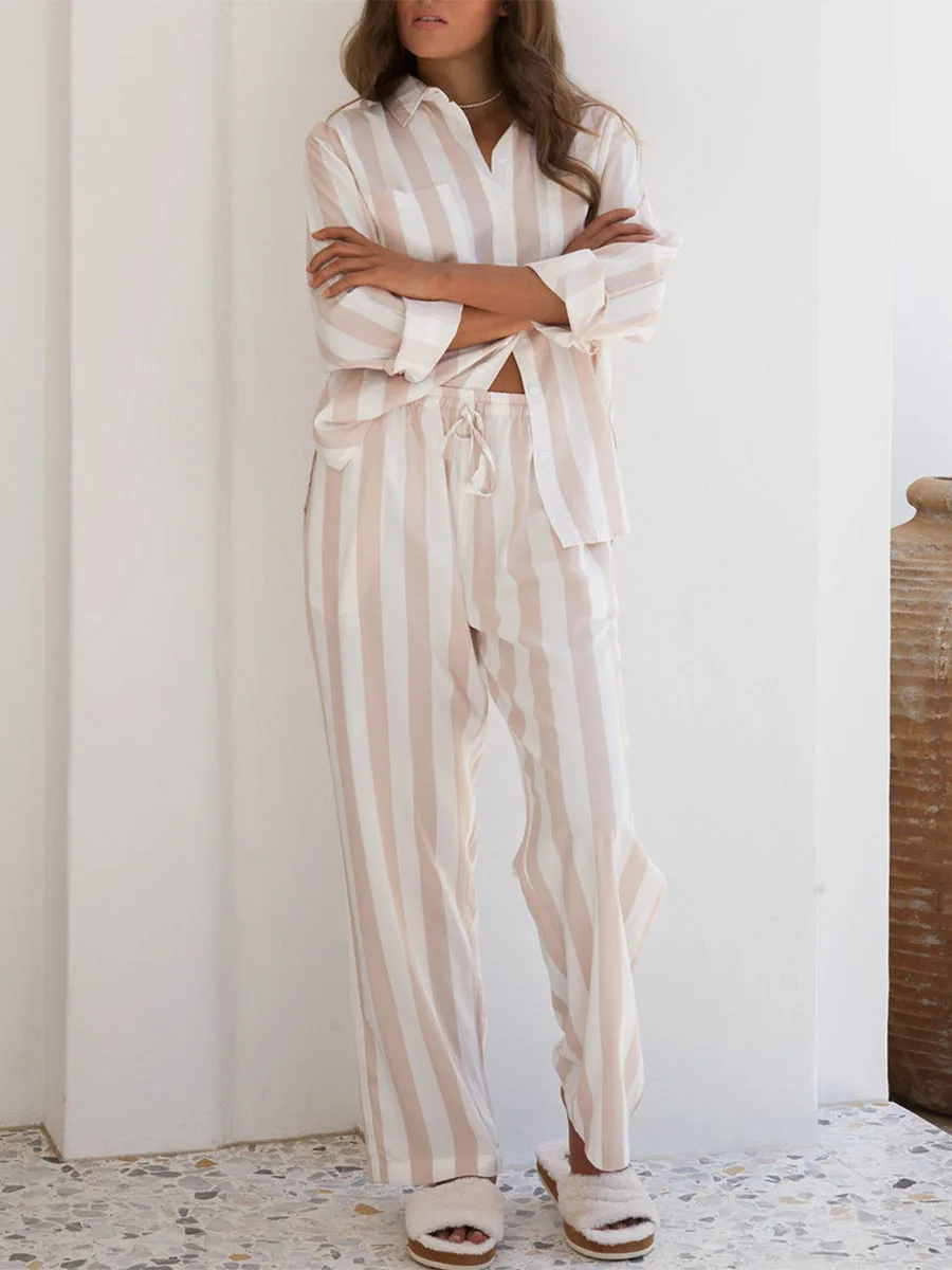 Women Striped 2 Piece Pajamas Set Y2K Long Sleeve Baggy Shirt Wide Leg Pants Lounge Sleepwear Pj Matching Sets