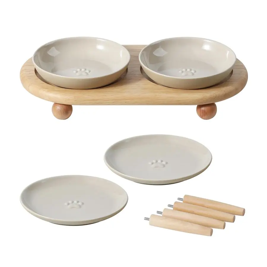 

Raised Ceramic Wide Whisker Friendly Cat Dishes, Foodamp Water Bowl with 2 Style Stand Adjustable Pet Bowl Set, Anti Whisker Fat