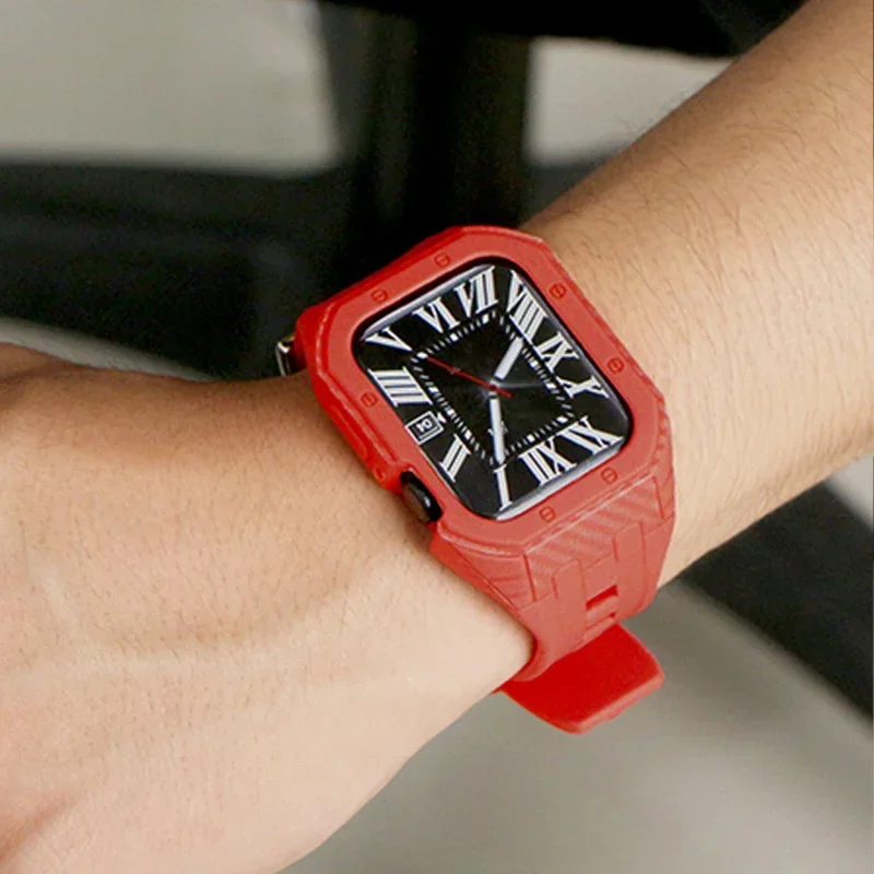 Carbon Fiber Case+Strap for Apple Watch Band 9 8 7 45mm Silicone PC cover for iwatch series 6 SE 5 4 44MM 42MM Rubber Bracelet - view 3