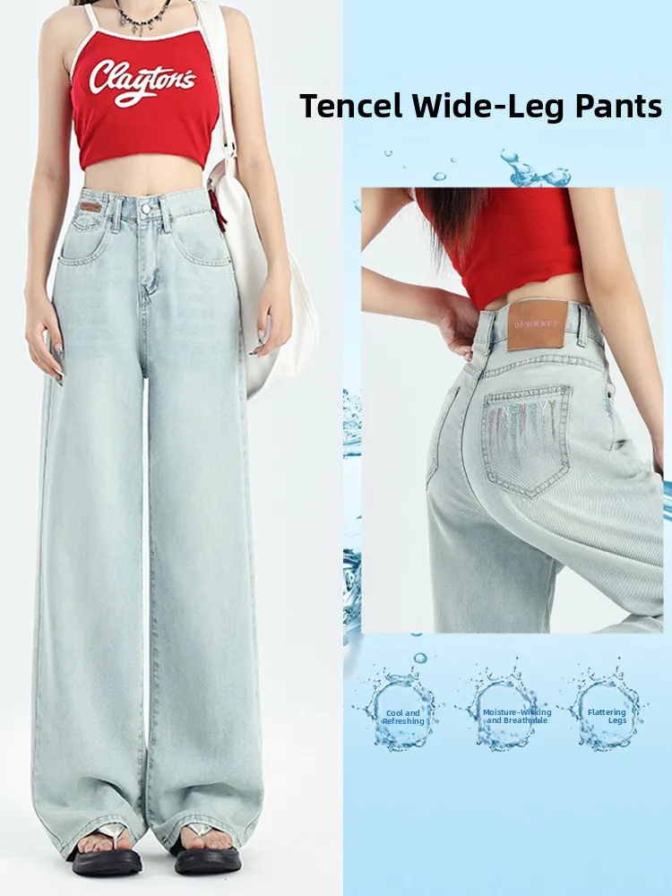 

Light Blue Embroidered High Waist Wide Leg Denim Jeans Women Summer New Slim Loose Drapey Straight Leg Thin Jeans