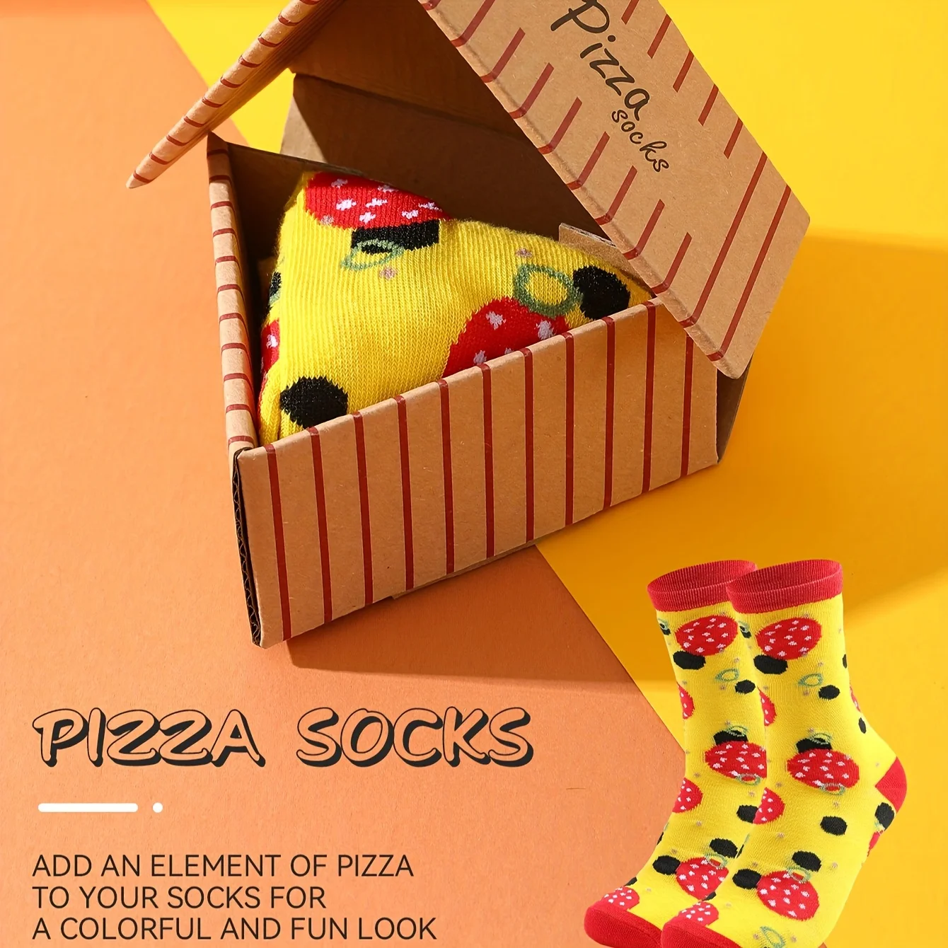 A pair of pizza unique personality patterns novelty and fun socks suitable for Halloween Christmas Valentine's Day gift