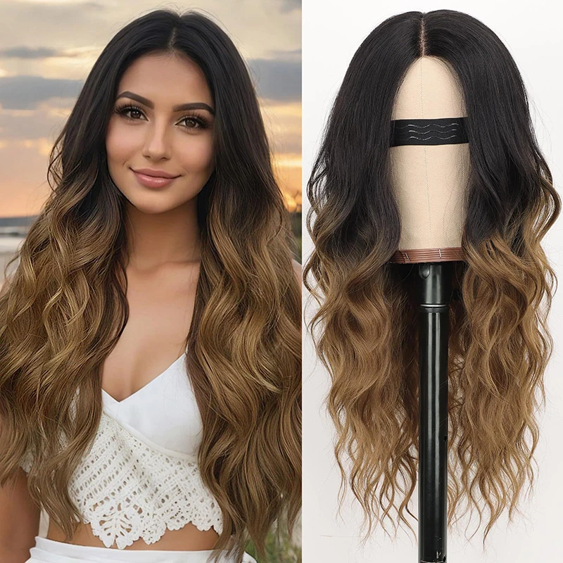 

A 26-Inch Black-Brown Water Ripple Lace Front Synthetic Wig Is Naturally Suitable For Women'S Daily Parties And Halloween