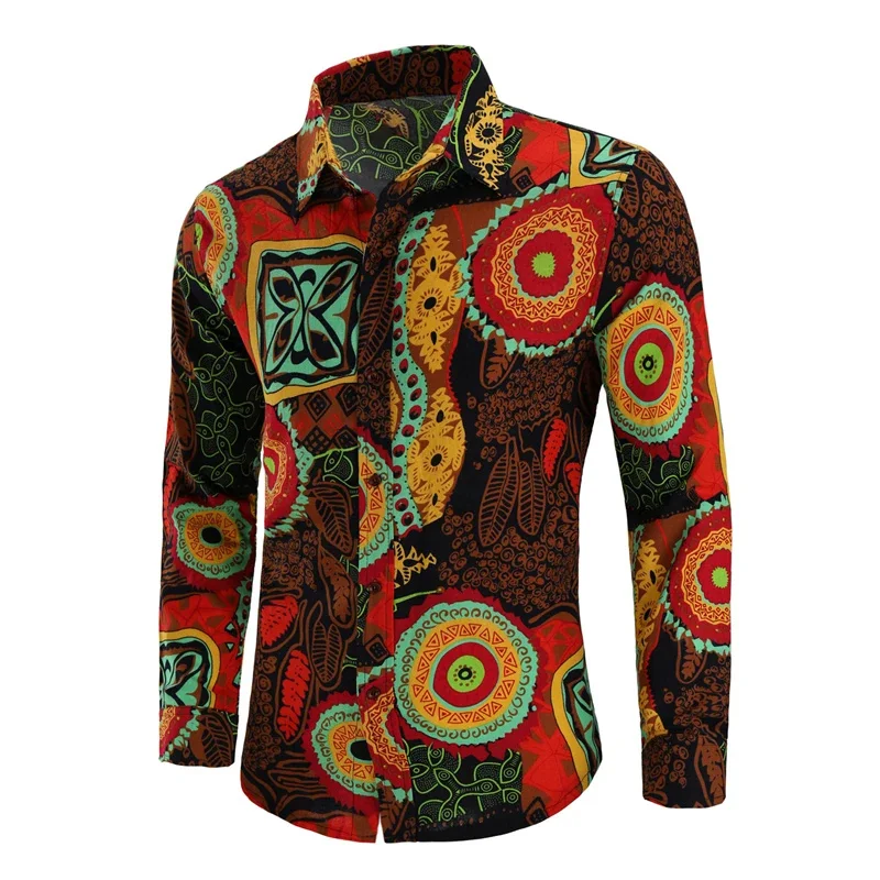 

Vintage Exquisite Pattern Hawaiian Shirts For Men Color Block 3D Printed Aloha Shirts Casual Loose Long Sleeve Lapel Tops Blouse