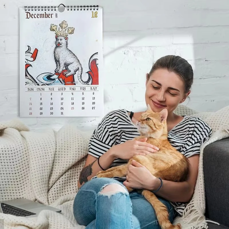 Middeleeuwse kattenkalender 2026 - Vreemde middeleeuwse kattenwandkalender, 12 maanden lelijke middeleeuwse kat, 2026 januari tot december 2026