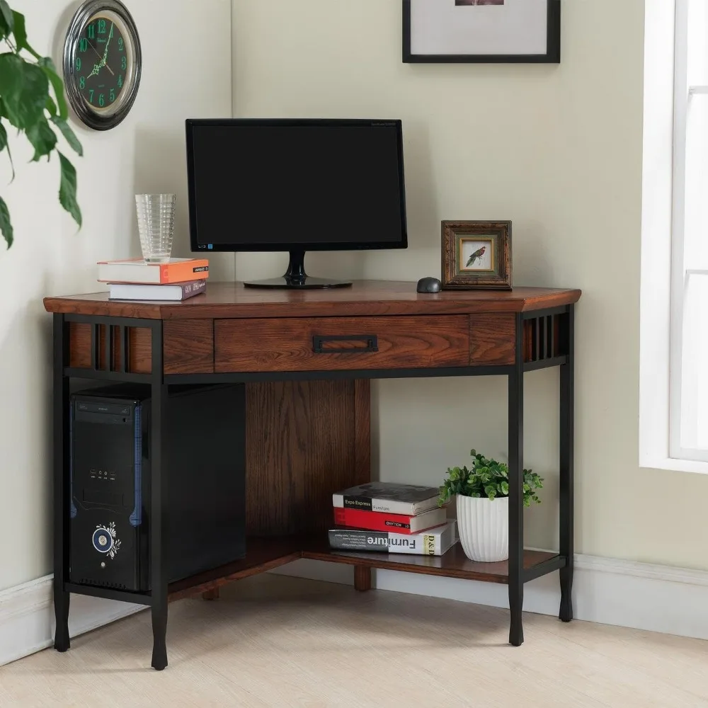 Leick Home 11230 Ironcraft Corner Writing/Computer Rustic Desk with Drawer and Shelf, Mission Oak and Black