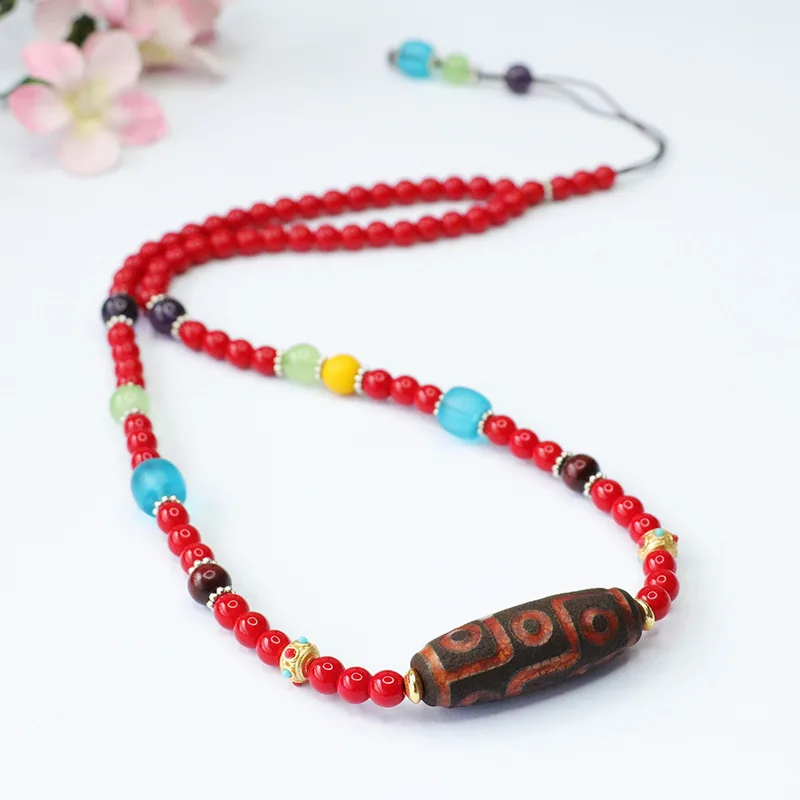 

Nine-eye dzi bead agate necklace hanging chain Tibetan ethnic style jewelry