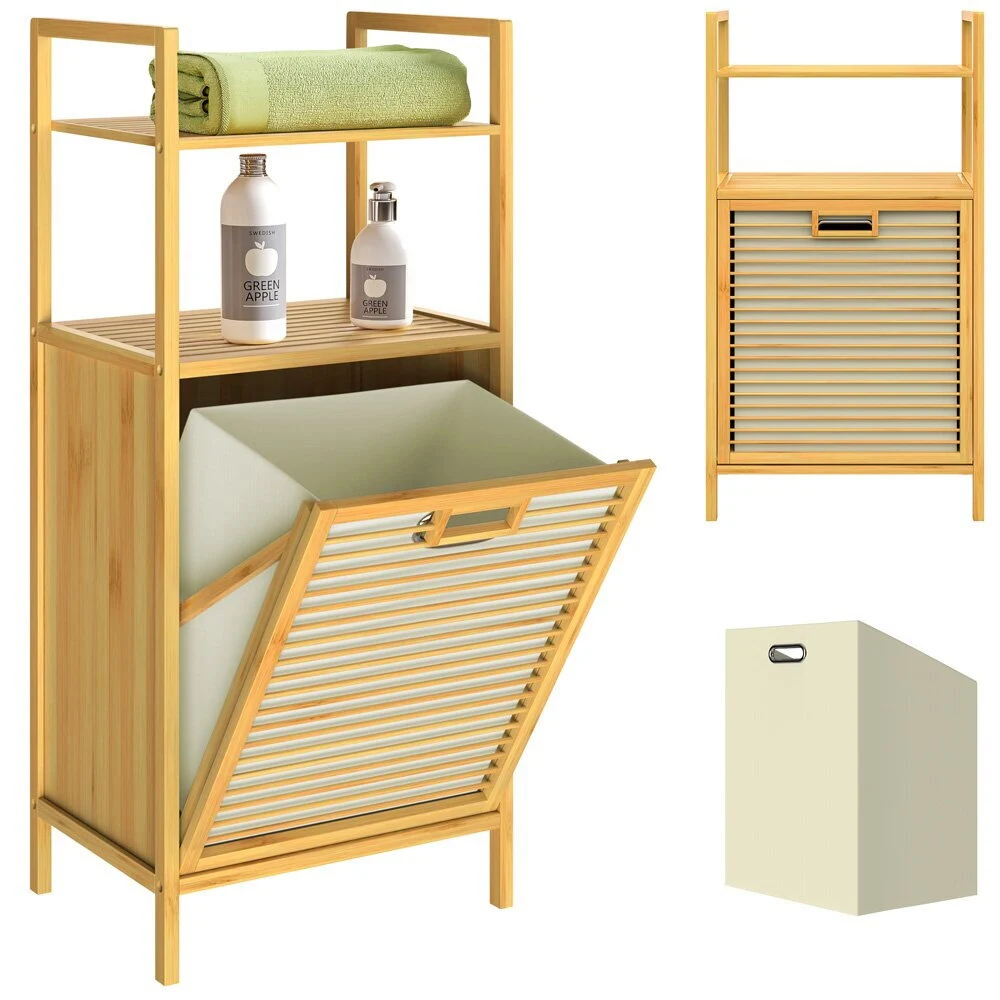 Bathroom Durable Clothes Hamper  Storage Tilt Out Laundry hamper cabinet Basket Multifunctional 2 Tier Shelf White Bag