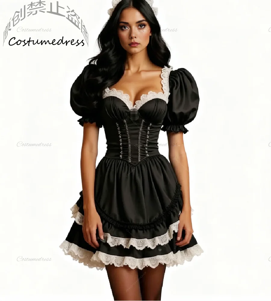 

Classic French Maid Outfit Evening Dress Short Sleeve Black Gothic Cosplay Dress 2026 Vintage Lace Prom Dress Homecoming Party
