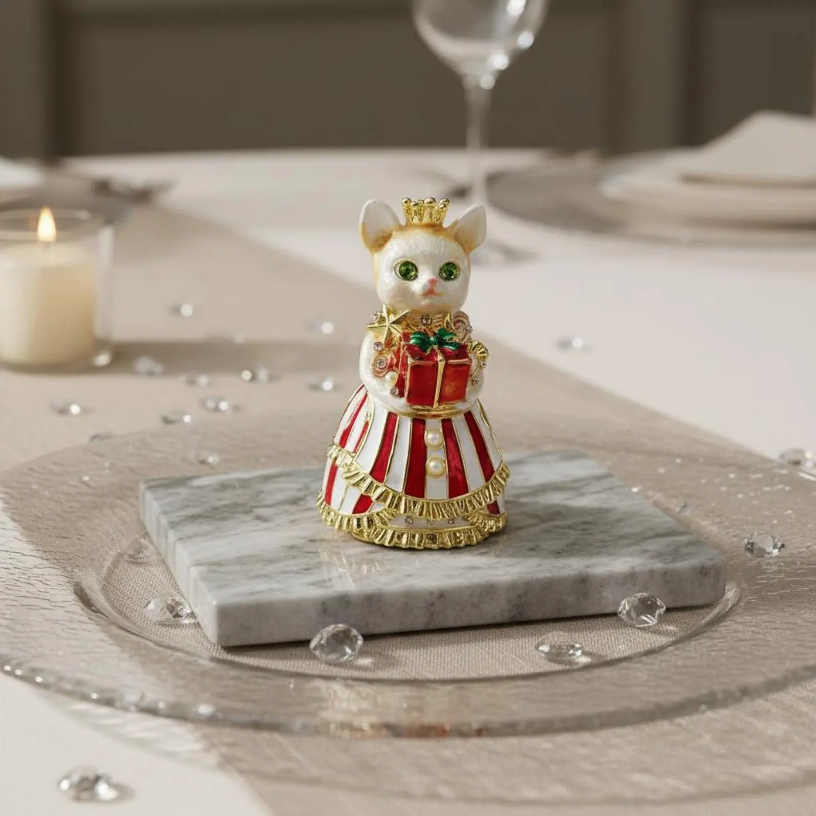 

Bejeweled Creature Box Hand-Painted Features Enameled Jewelry Box Hinged Cat Figurine Crystal Cat Band Holder for Shelf Display
