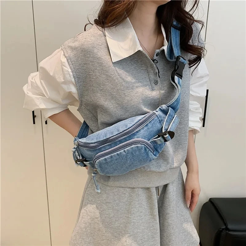 

Anti theft Women‘s Waist Bag 2025 New Denim Handbag Phone Bag Female Canvas Crossbody Chest Bag Large Capacity Fanny Pack