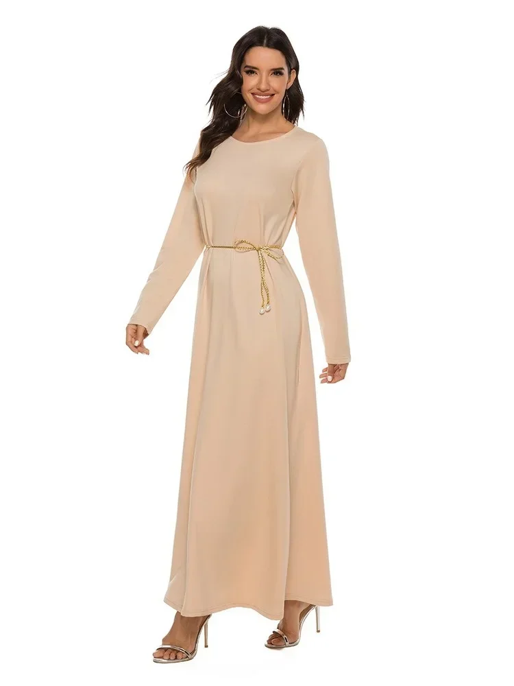 2025 New Hot Sale Islamic Women's Muslim Abaya Basic Style Solid Color A- Line Long Sleeve Dress with Belt Casual for Party