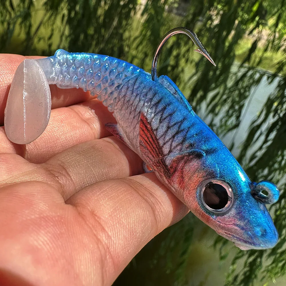 

PROBEROS Soft Bait Lure 7.5-13cm Plastic Fishing Lure Silicone Swimbait 3D Eyes Laser Jig Head T-Tail Barbed Hook for Bass Perch