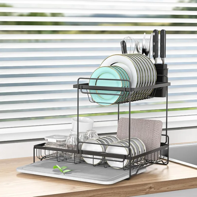 Dish Drying Rack with Stone Drying Mat, 2 Tier/Quick-Drying/Stainless/Super Sturdy/Space-Saving, Dish Strainers for Kitchen