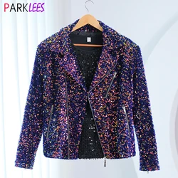 Shiny Colorful Sequin Motorcycle Zip-up Sequin Jacket Men 2023 New Party Wedding Stage Prom Glitter Sequins Jacket Costume Homme