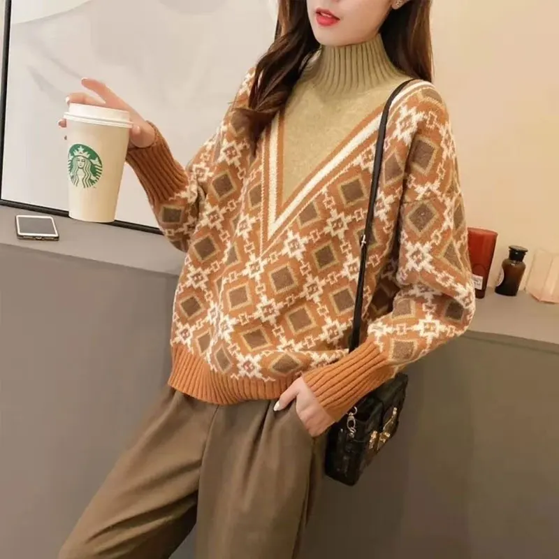 Autumn Winter Korean Female Geometric Jacquard Sweaters Vintage Fashion Patchwork Turtleneck Knitted Jumpers Women\'s Clothing