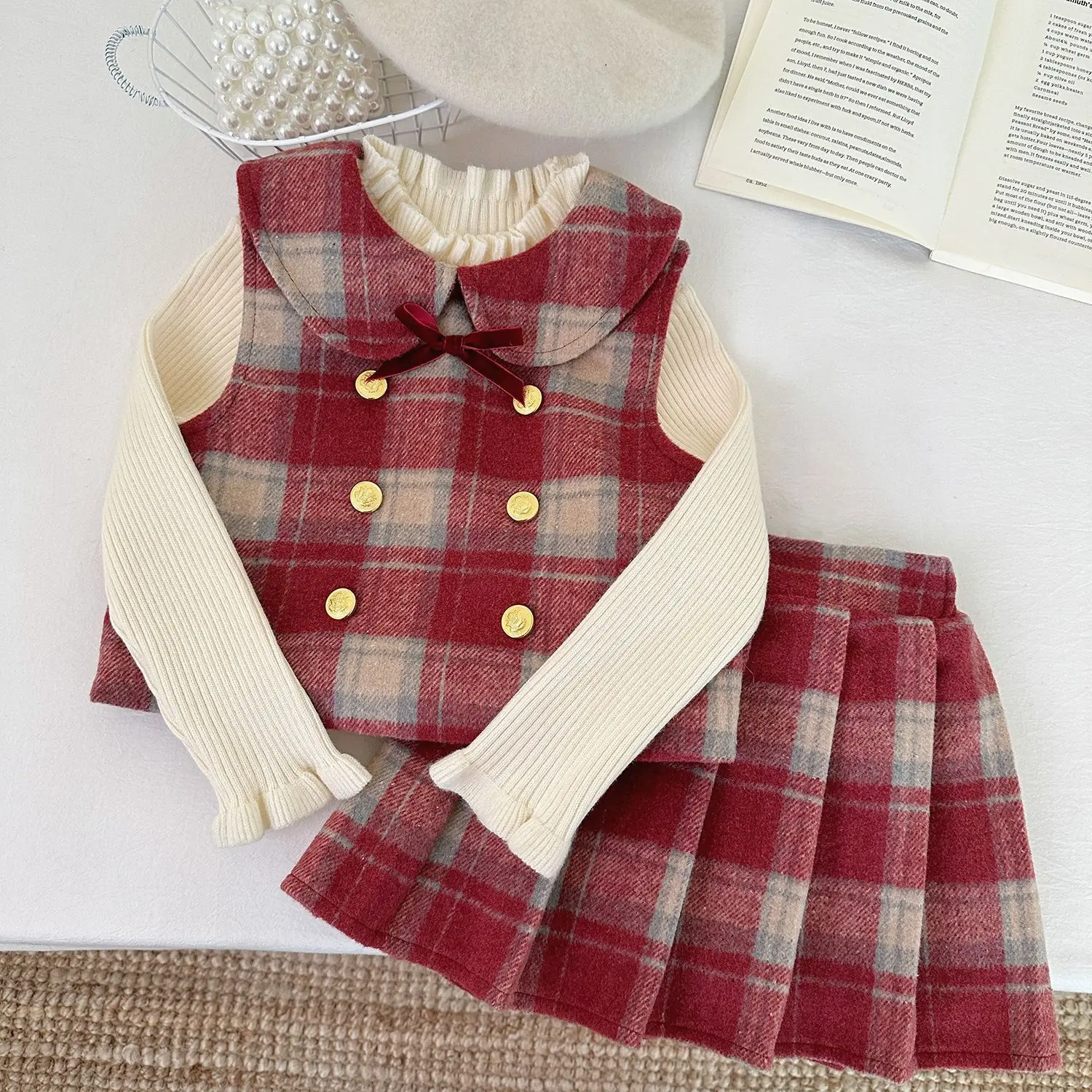 

2025 Winter Girls' Red Plaid Vest & Skirt Set with Fleece Lining Christmas Thickened Two-Piece Outfit Causal Kids Clothing Suit