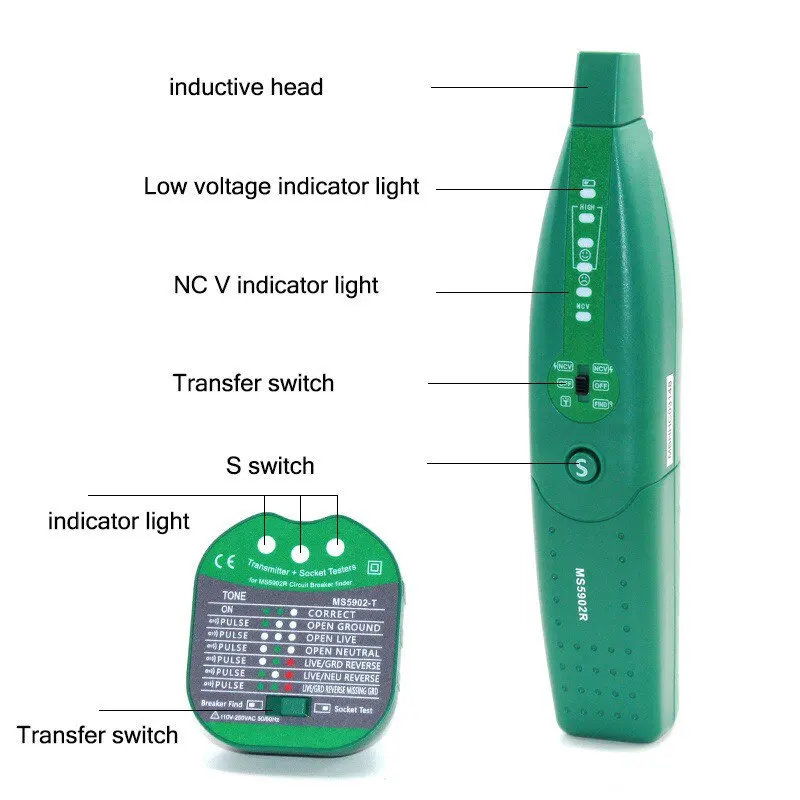 MS5902R Wall Breaker Finder & Socket Tester - Multi-Function for Live Wire Detection & Open Neutral Check