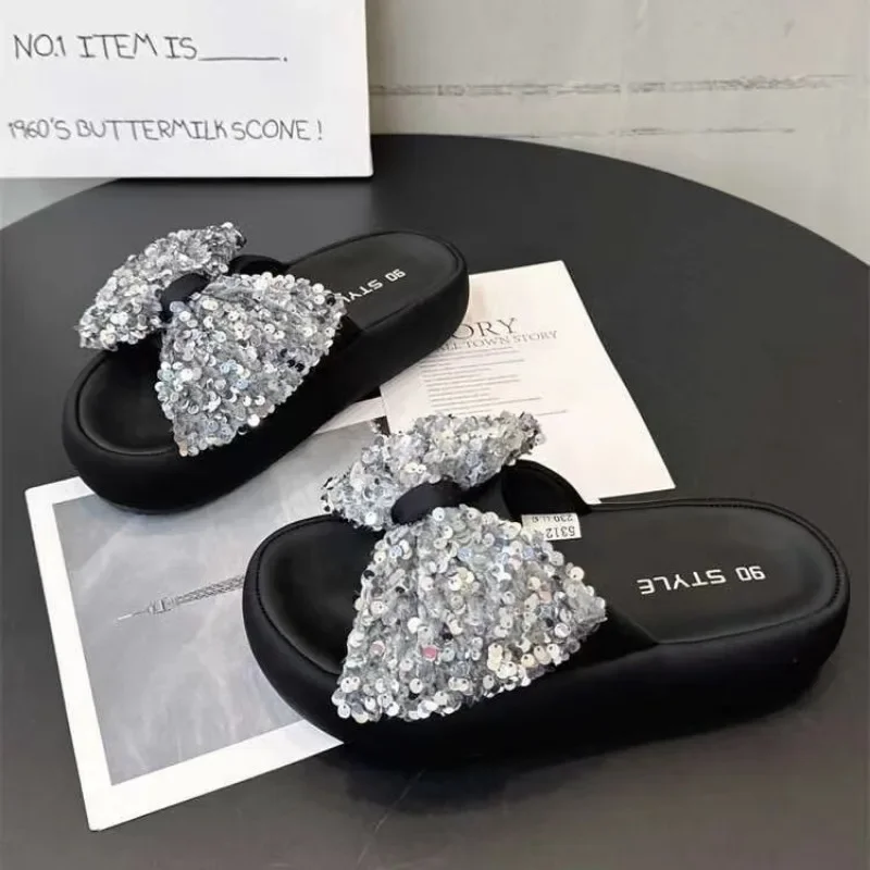 

2024 Summer Flat Bottom Women Slipper Fashion Elegant Crystal Butterfly-knot Slides Ladies Casual Beach Platform Flats Sandalias