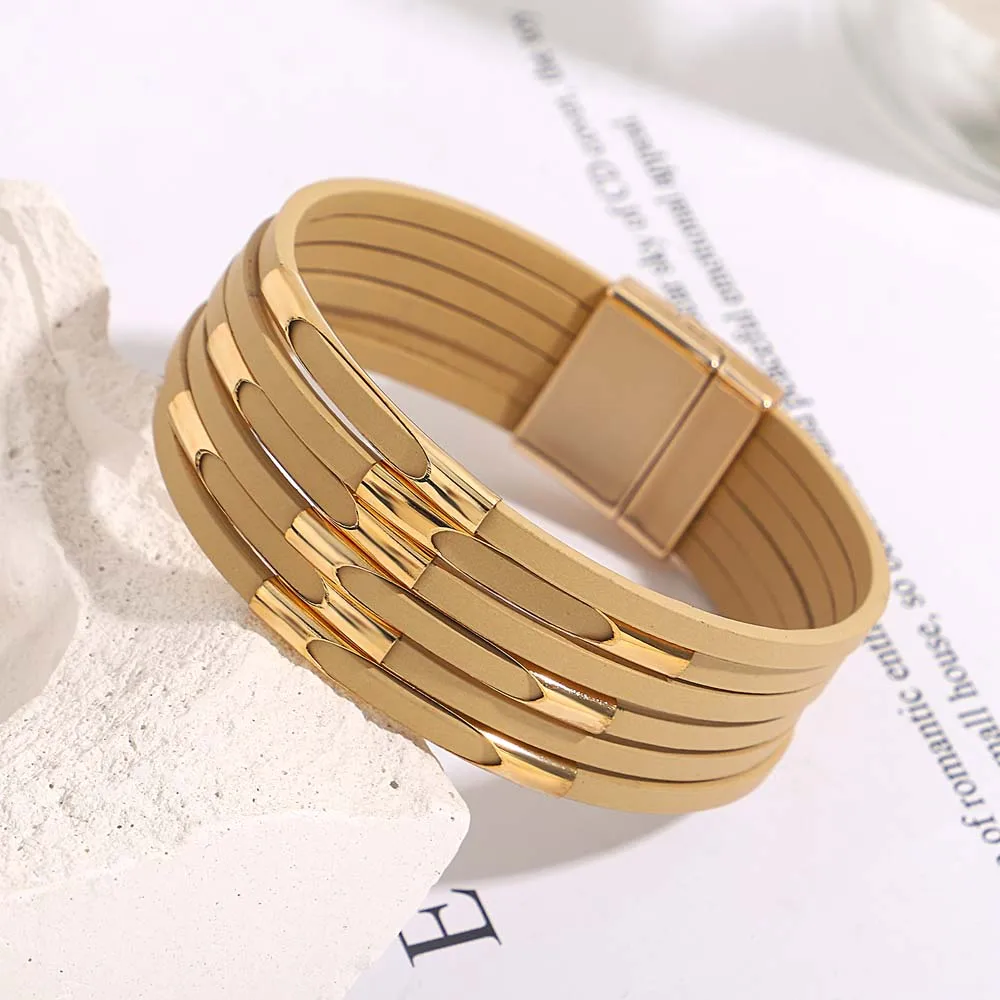 ALLYES New Trendy Hollow Metal Tube Wrap Bracelet Charm Multilayer Wide Leather Bracelets & Bangles Men Female Jewelry Gifts