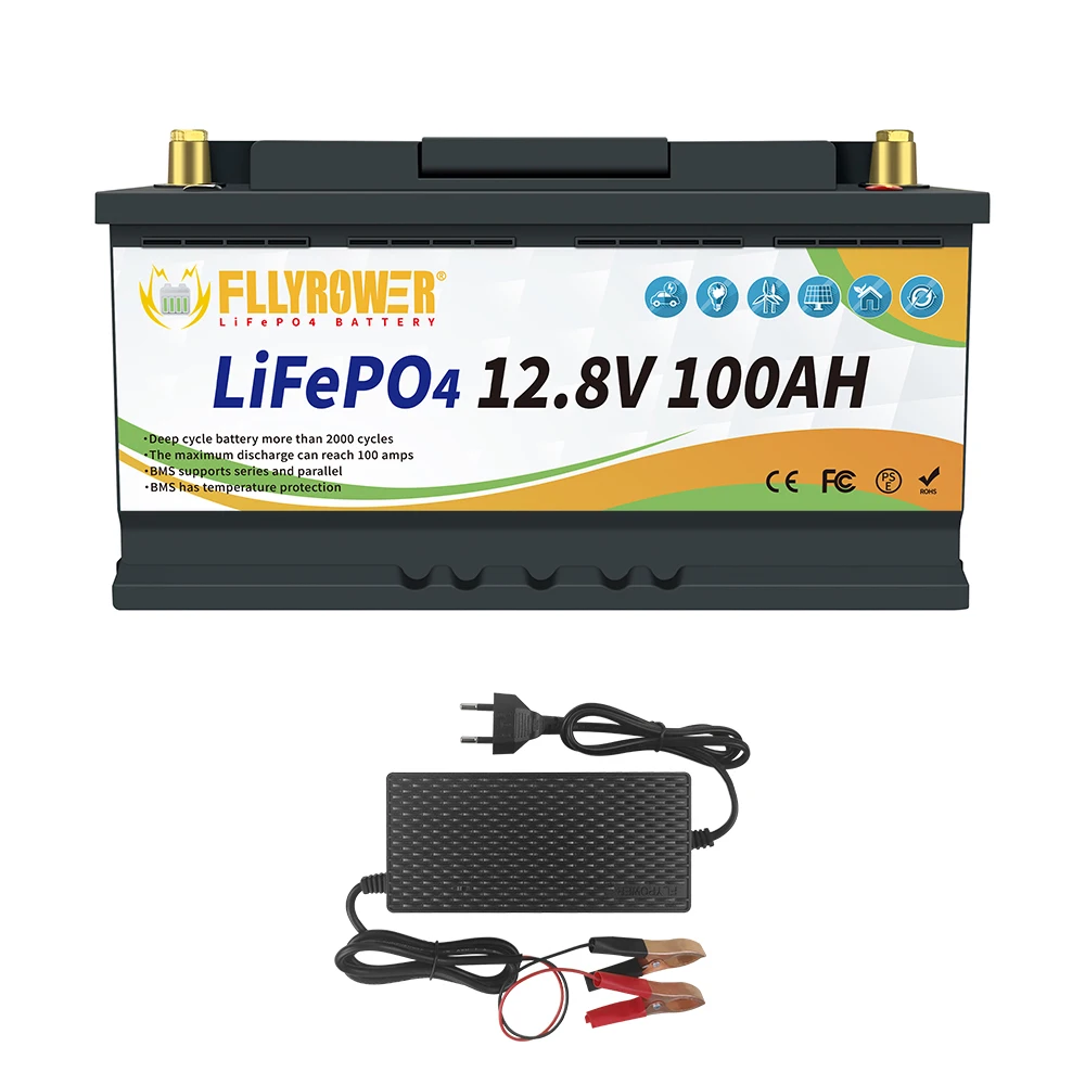 FLLYPOWER Newest 12V 100Ah 1280WH LiFePO4 Lithium Iron Phosphate Battery Build in BMS For RV Campers Solar Golf Carts Marine