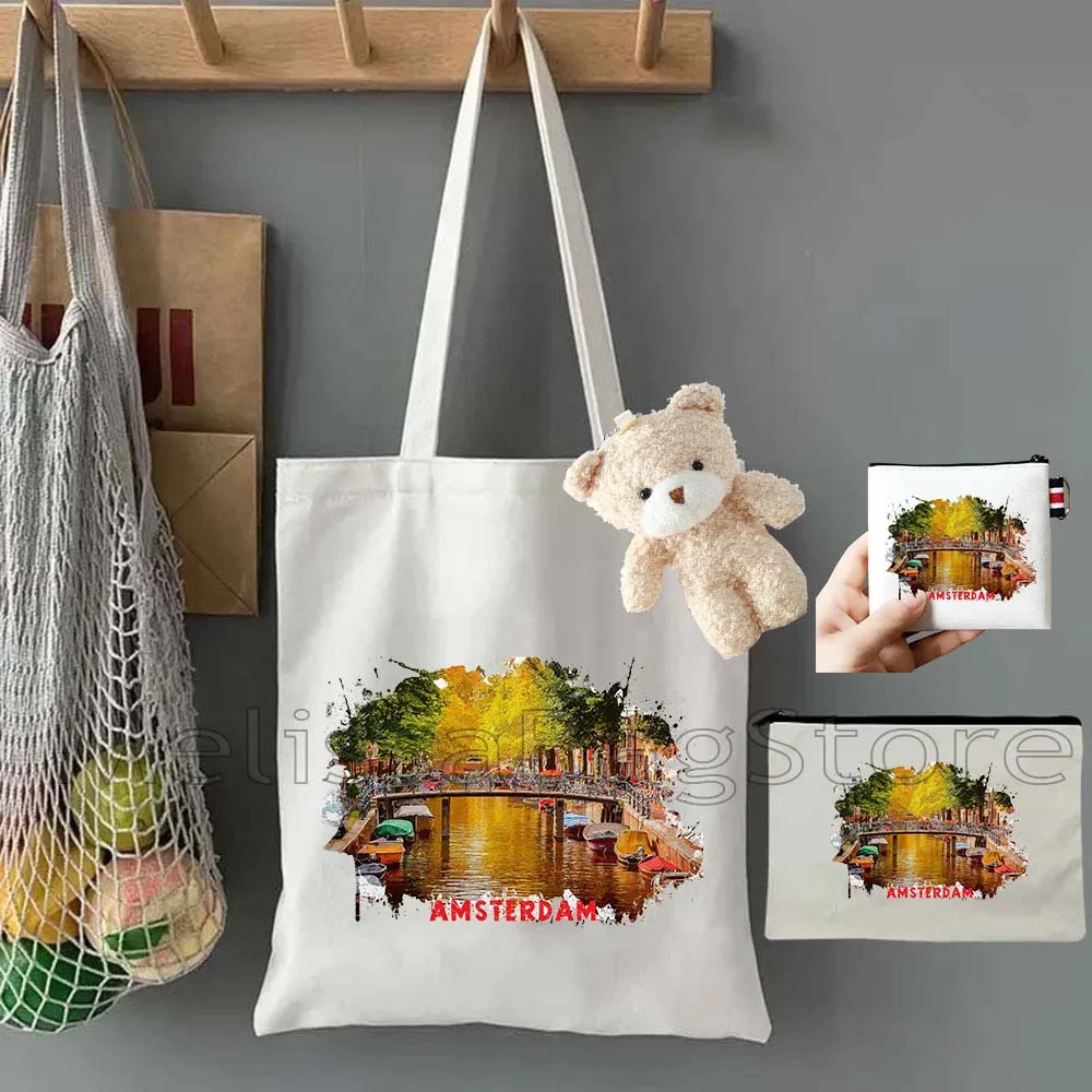 

4PCS Gift Set Amsterdam Netherlands White Canvas Tote Bag Handbag with Doll Key Coin Purse Cosmetic Makeup Toilet Bag Case Pouch