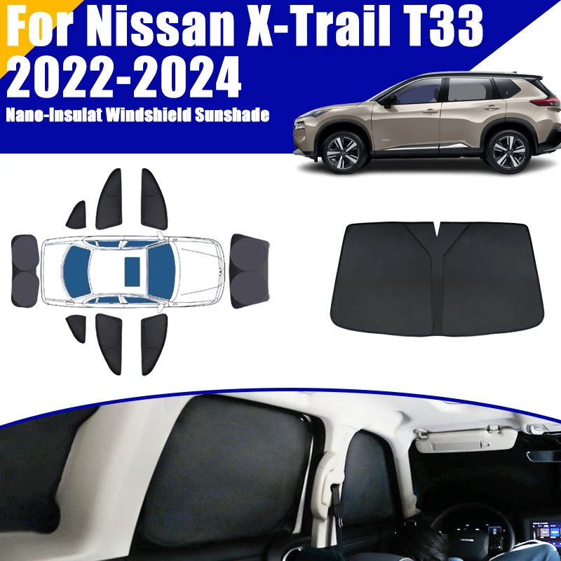 

Full Coverage Sunshade For Nissan X-Trail T33 Rogue 2022-2024 2023 Car Accessories Windows Visor Privacy Covers Black Foldable