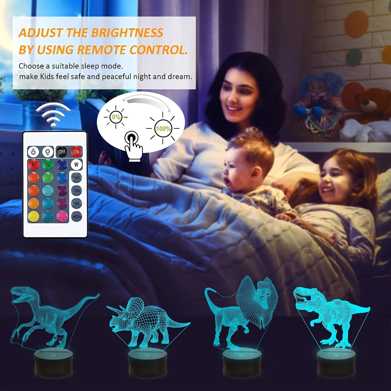 4pcs T-rex Dinosaur 3D Night Light (4 Patterns) With 1 Base, Remote Control & 16 Colors Changing & Dimmable Function & Gift Wrap