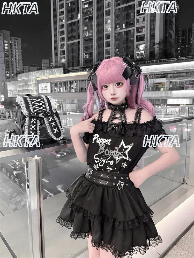 Dark Subculture Y2k Goth Sweet Cool Hot Girl Alphabet Print Lace Bow Collar Short Sleeve T shirt top Cake Skirt Black Sets Women view 3