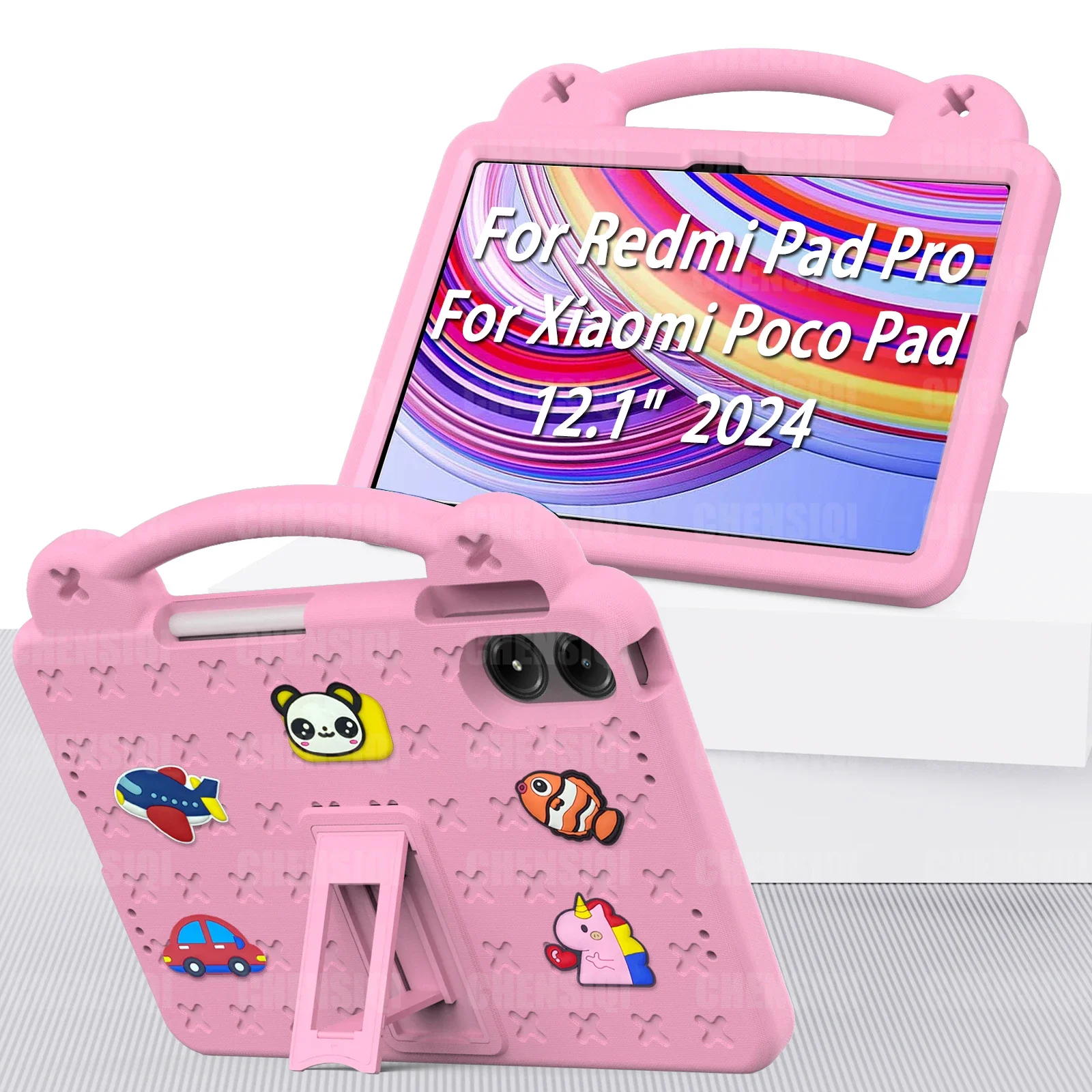 

Чехол для планшета с мультяшным рисунком из ЭВА для Redmi Pad Pro12.1, портативный с кронштейном, жесткий противоударный защитный чехол ярких цветов с пандой