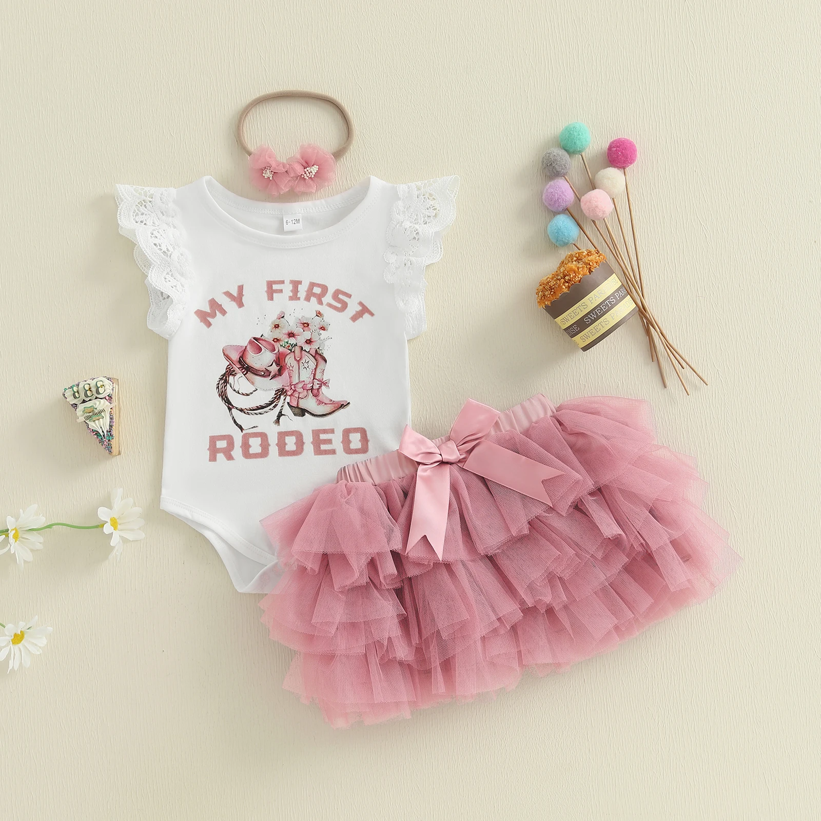 

6-18Months Infant Baby Girl 1st Birthday Outfits Cute Lace Sleeve Letter Print Romper + Bow Tulle Skirt + Headband 3pcs Sets