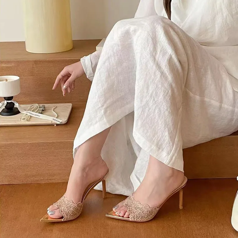 

2025 French Champagne Lace High Heel Slippers Women Pointed Toe Thin Heel Summer Sandals Elegant Niche Strappy Slides