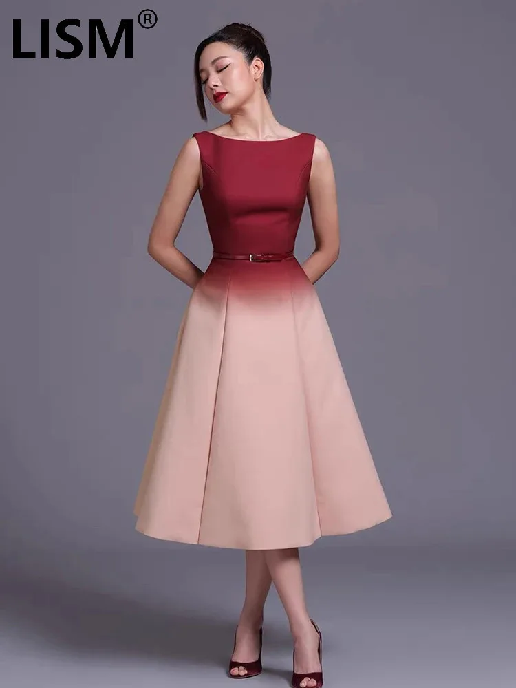 LISM moda mujer noche cuello redondo Patchwork contraste Color espalda satén manga elegante vestidos de fiesta 2025 primavera nuevo