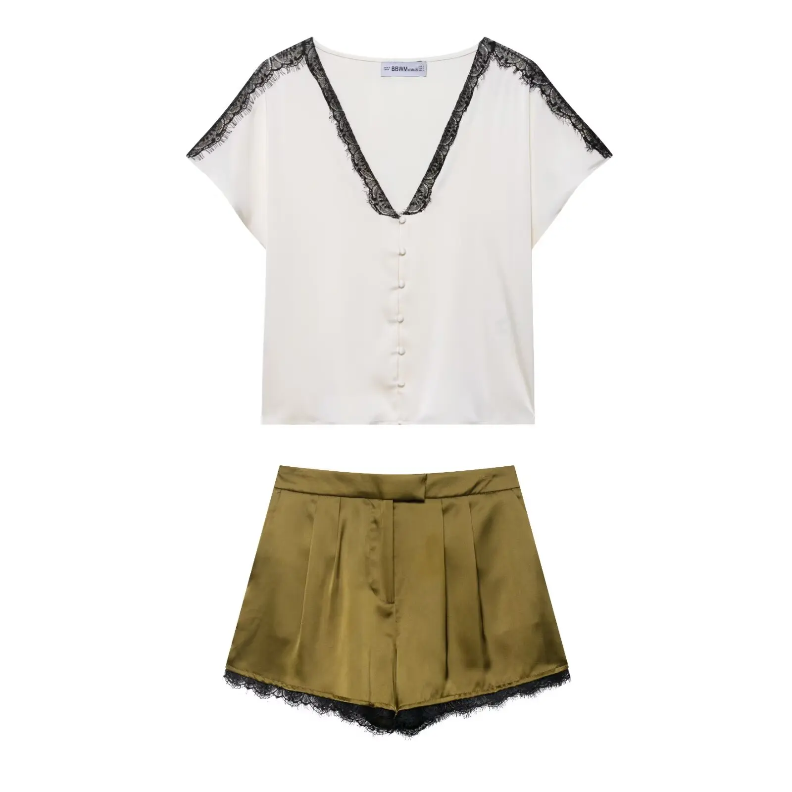 

Zevity 2025 Women Fashion Black Lace Stitching Soft Sation Smock Blouse Femme Chic Short Sleeve Buttons Shirt Blusas Tops LS9415