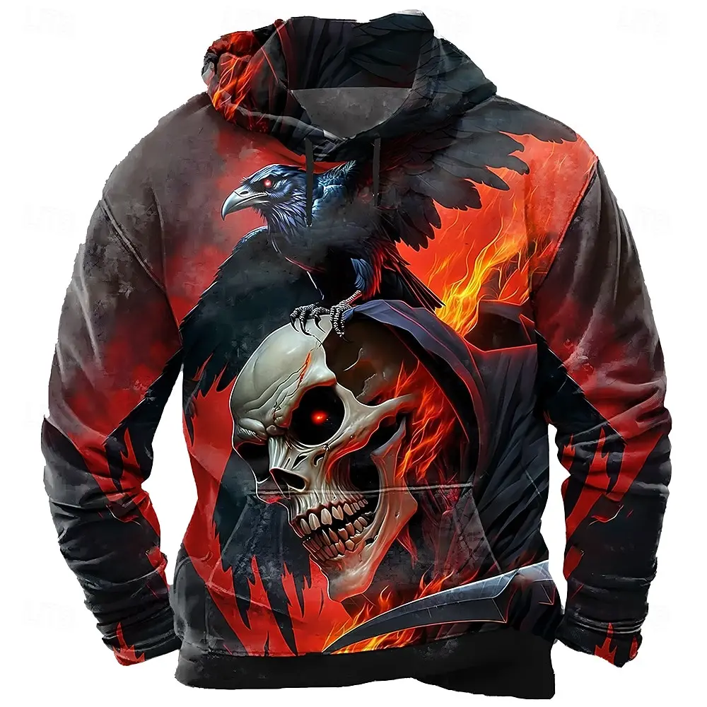 Men Halloween 3D Print Hoodie Skull Raven Green Flame Horror Graphic Drawstring Pullover Sweatshirt